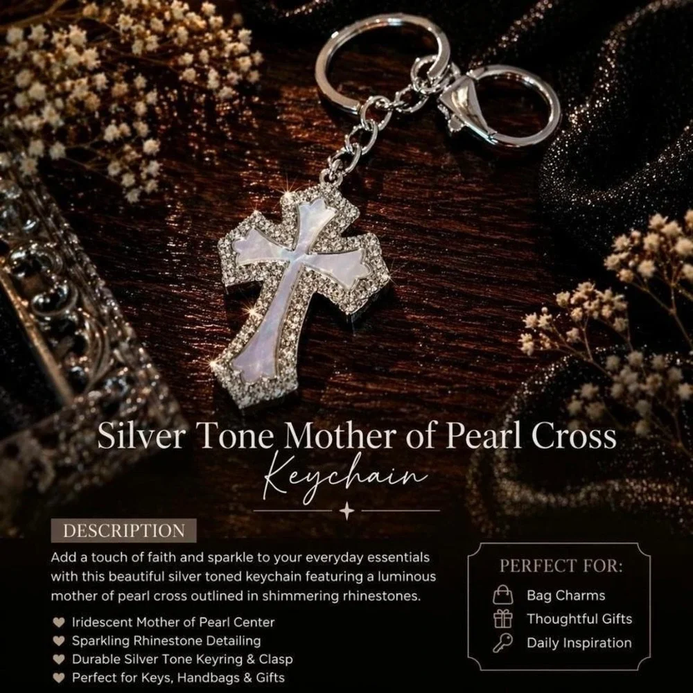 Silver Tone Mother of Pearl Cross Keychain – Rhinestone Faith Keyring | Elegan